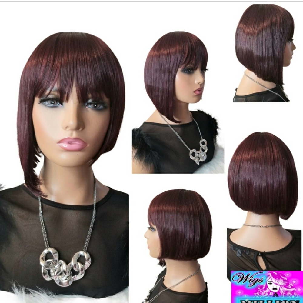 Zelina" Synthetic Bob Wig, slanted bob, Chinese Bang #99J, Glueless wig,